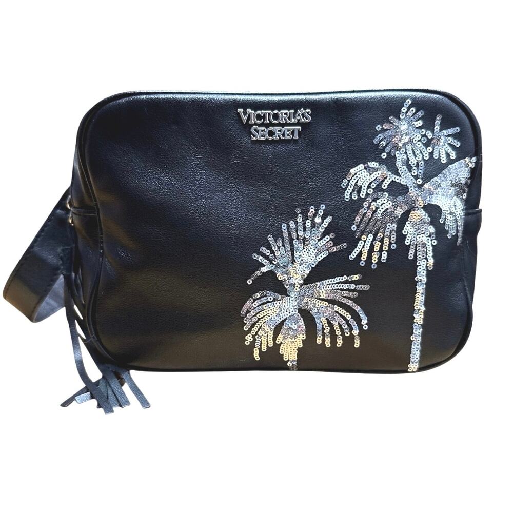 Victorias Secret Fanny Pack Crossbody Bum Bag Black Silver Sequin Palms Tassel